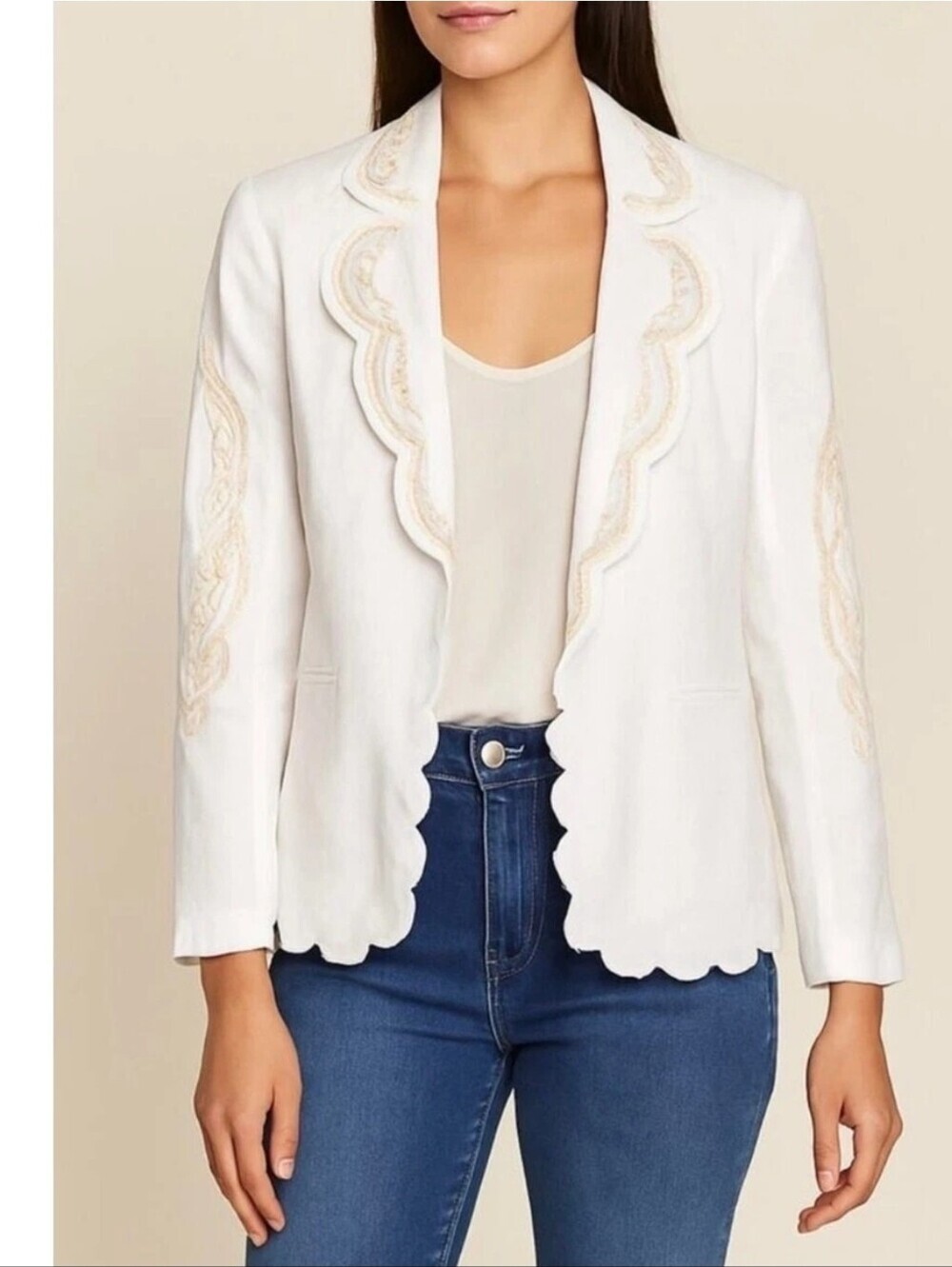 Joie Cream Scalloped-Edge Blazer with Embroidered Trim Linen Blend Size Small